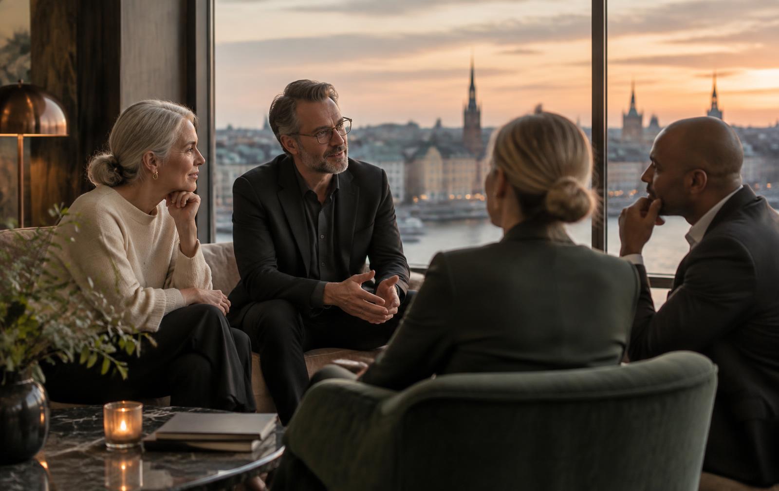 Leaders in conversation overlooking a city at dusk